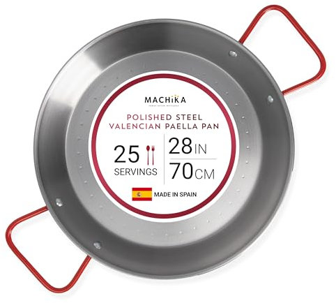 Machika 28 inch Carbon Steel Paella Pan, 70cm Polished Steel Large Skillet From Spain, Great for Paella Parties Indoors, Outdoors, Camping & More, Imported Spanish Paellera, Made by Garcima
