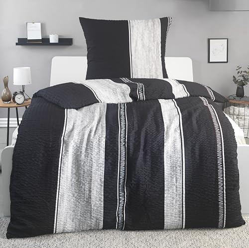 BaSaTex Seersucker Bettwäsche Set, 2-TLG., 135x200 cm, Stripe Silber