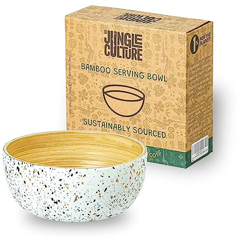 Jungle Culture® Bamboo Side Serving Salad Bowl • Natural Wooden Bowl for Food with Terrazzo Style Finish • for Pasta & Snack • Decorative Cup for Potpurri • Eco Friendly Tableware (White Large)