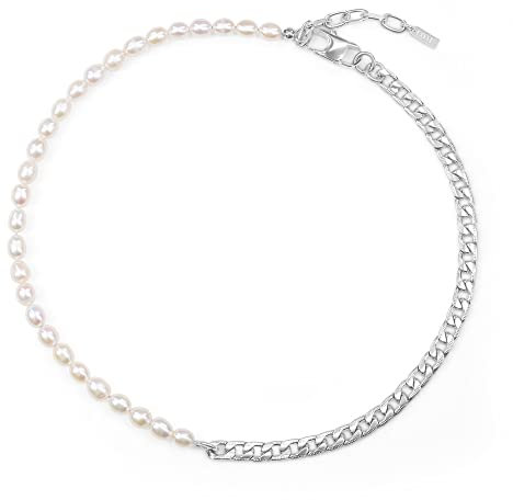 COAI Geschenkideen Trendige Halbkette Damen Choker mit Natürlichen Weißen Süßwasserperlen und Panzerkette aus Edelstahl