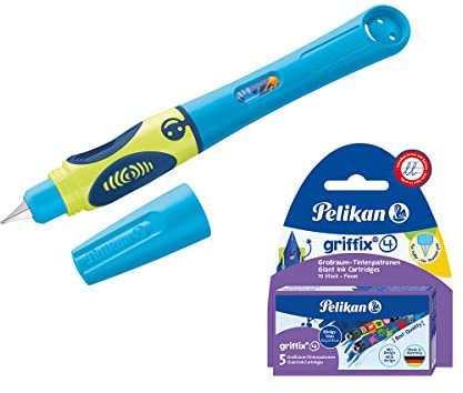 Pelikan Griffix Füller Neon Fresh Blue + 10 Patronen, Schreiblernfüller für Linkshänder, 809177-960559