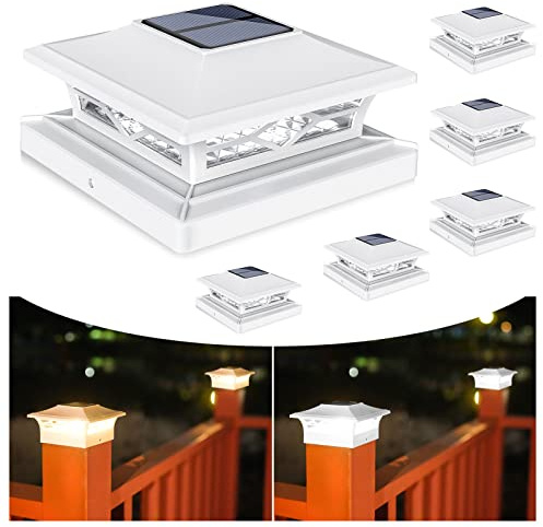 VOLISUN Solar Post Cap Lights: 6 - Pack Outdoor Deck Post Cap Lights White for Dock Fence Waterproof 2 Color Modes,4x4/6x6 Wooden/Vinyl Posts