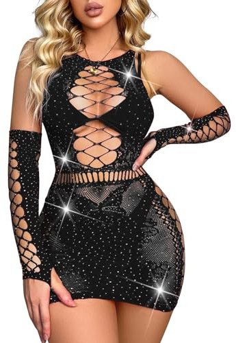 Ella Lust Body Sexy con Diamantes de imitación Brillantes, Talla Grande, para Rave, exótico, Malla de Red, Ropa de Baile, Negro -, Talla única
