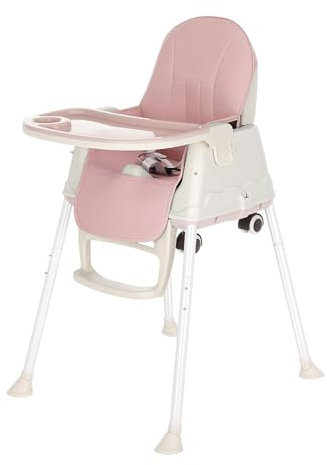 Supernic Baby High Chair 3 in 1 Portable Highchair Dining Table Height-Adjustable Foldable With Tray Wheels, Pink