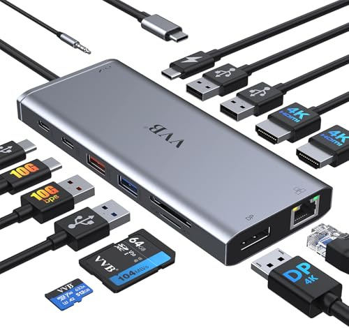 USB C-dockningsstation 2 HDMI, trippelskärm, 10 Gbps, USB C-hubb, 14-i-1, dockningsstation för bärbar dator med 2 x 4K HDMI, DP/displayport, Ethernet, 4 x USB, 2 x USB C-data, 100 W PD, SD/TF, ljud,