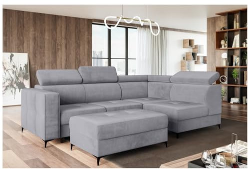 MEBLINI Schlafcouch mit Bettkasten - Ecksofa mit Schlaffunktion - Sofa mit Relaxfunktion und Kopfstützen - Couch L-Form - Eckcouch - Wohnlandschaft - Dorian - 263x232x89cm Rechts - Grau Samt