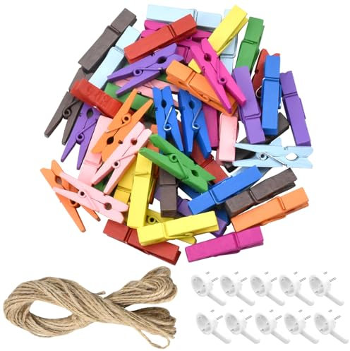 50 Holzklammern Klein, 3.5 cm Farbige Holzklammern, Mini Wäscheklammern, Wäscheklammern Holz, Holzklammern zum Basteln Mit 10 m Jute-Seil für Fotos Bilder Collagen Postkarten Geschenke