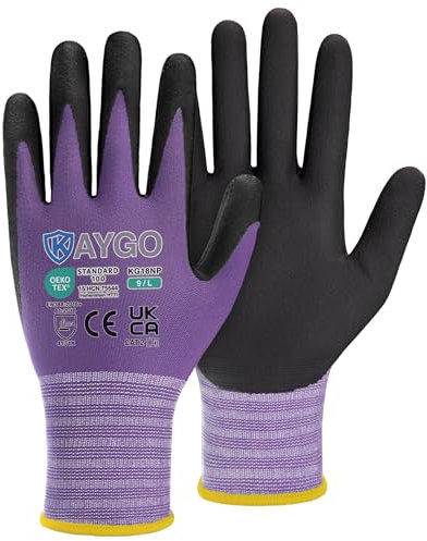 KAYGO Arbeitshandschuhe Herren Damen 3 Paar, Mikro Schaum Nitril beschichtet Atmungsaktiv Nylon Schutzhandschuhe, Antirutsch Grip Leicht Ölbeständig, Ideal für Auto Arbeit, KG18N (Violett, L, Gr 9)