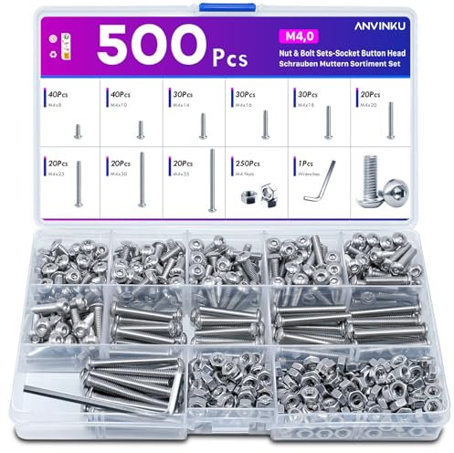 ANVINKU M4 Schrauben mit Muttern, 500 Stück Schrauben Set, A2 V2A Linsenkopfschraube Schrauben, Schrauben Sortiment, Gewindeschrauben Set mit Inbusschlüssel, Gewindemaschinen Sechskantschrauben