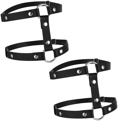 Giantree Pettorina per gambe in pelle, elastico regolabile a 2 file di cintura per gambe in pelle, con anello, reggicalze punk nero, cintura per coscia, fondina per coscia, per Halloween, accessori