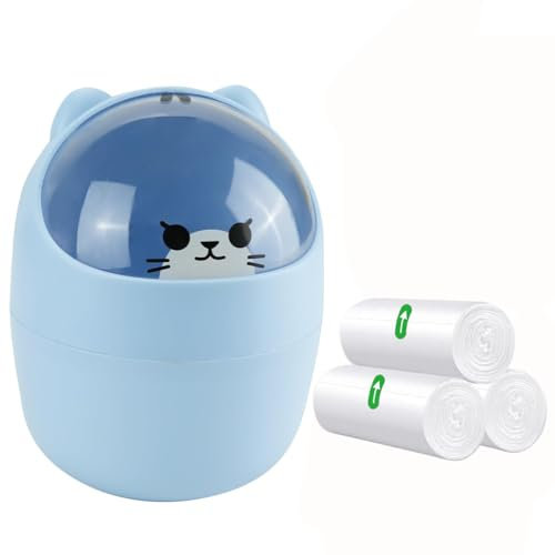 Mini Trash Can, Creative Tiny Countertop Garbage Bin with 5 Rolls of Bin Liners, Cute Desktop Wastebasket with Flip Lid, Cartoon Plastic Storage Bin for Bedroom, Bathroom, Kitchen, Office (Blue)