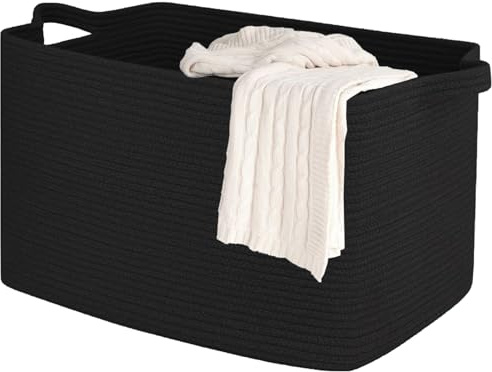 Hopelit - Cesto portaoggetti in corda di cotone Square (63L, Nero), cesto portaoggetti per bambini con manici, grande cesto portaoggetti pieghevole in corda di cotone per bagno e cameretta