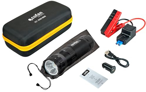 Cofan Arrancador de baterías | con Linterna LED y Power Bank USB | 600 A | 330 lúmenes | Adecuado para Coches de Gasolina hasta 5000 CC y diésel hasta 3000 CC