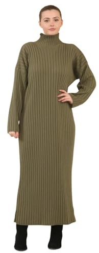 janisramone® Womens Ribbed Knitted Maxi Dress Funnel High Neck Long Sleeve Jumper Dress Warm Pull Over Comfortable Long Knitted Jumper Dresses Khaki