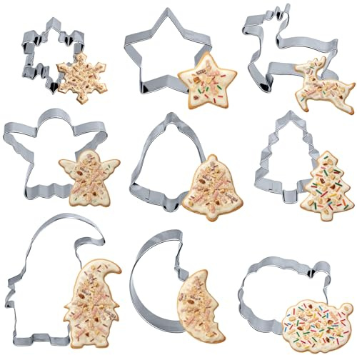 Juego de 9 cortadores de galletas navideñas, cortadores de galletas de Navidad, cortadores de galletas, gnomos, estrellas, muñecos de nieve, copos de nieve, Papá Noel, luna, reno, moldes de repostería