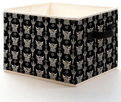 LADOCK Black Western Cactus Highland Cow Storage Bins Box, box for Women, Rustic Country Highland Cow Foldable Baskets Organizer with Handles for Bedroom Bathroom Clothes Books