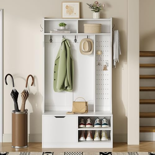 LLGWGL Ensemble de garde-robes étroits - Garde-robe compacte - Moderne - Avec banc - Armoire à chaussures - 6 crochets, 1 porte et 4 espaces de rangement ouverts - Pour couloir, entrée, 100 x 40 x