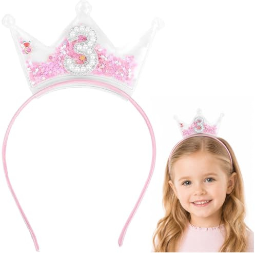 BRDTKUGV Birthday Girl Headband, 3rd Birthday Crown, Pink Glitter 3rd Birthdays Gifts for Girls, Headband Princess Crowns for Little Girls, for Party Celebration Outfit Decoration Accessory