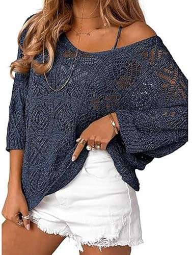 2026 Pull en tricot au crochet avec coupe ample Coupe ample Coupe en dentelle et manches courtes Chemisier d'été décontracté Tunique