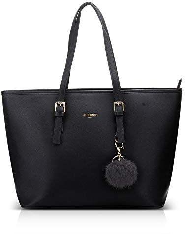 LI&HI Damen Handtasche Elegant Women's Handbag Shopper für Schule Handtasche Schwarz with Haarball 34 x 29 x 15.5 cm