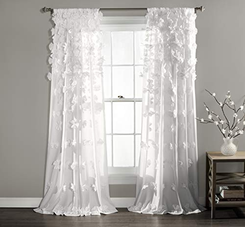 Lush Decor Riley Fenstervorhang, halbtransparent, gerüscht, strukturierte Schleife, Fensterpaneel für Wohnzimmer, Esszimmer, Schlafzimmer (Einzelbett), 137 cm B x 240 cm L, Weiß
