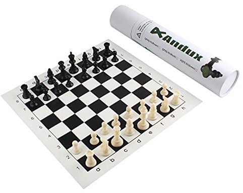Andux Jeu D'échecs avec Pièces et Plateau Roulant QPXQ-01 (Noir, 42x42cm)