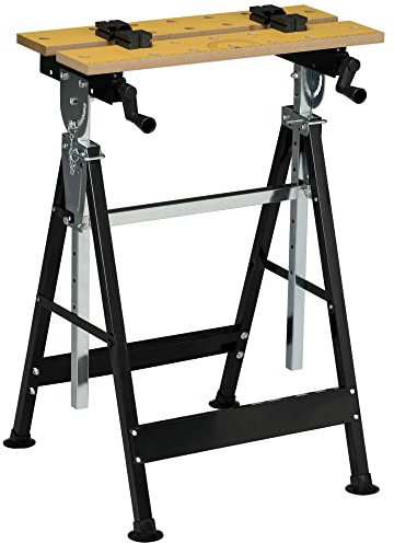 HOMCOM Banco de Trabajo Ajustable en Altura con 4 Clavijas Giratorias Tableros Ajustables en Ángulo y Distancia 65x57x85-114 cm Madera Natural y Negro