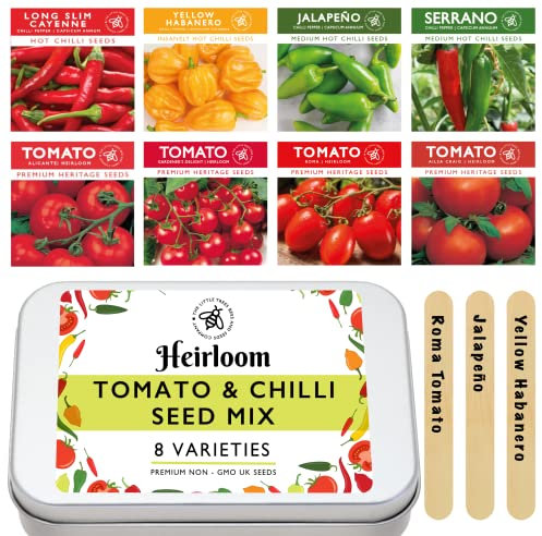 Tomato & Chilli Seeds for Gardening, 8 Easy Sow Seed Varieties, 8 Plant Markers & Growing Guide - Gifts for Adults & Kids, Little Trees Bees & Seeds Co