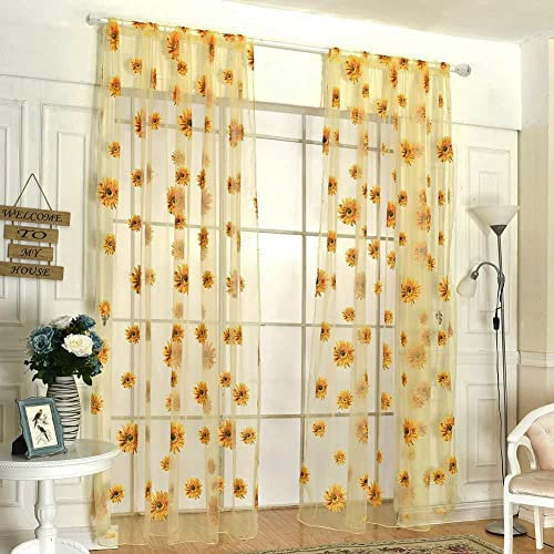 niCWhite 2pcs Sunflower Curtains Kitchen Decor 39x78.7 Yellow Sheer Curtains for Window Voile Room Scarf Door Bed Drape Panels Rod Pocket Window Treatments for Bedroom Living Room