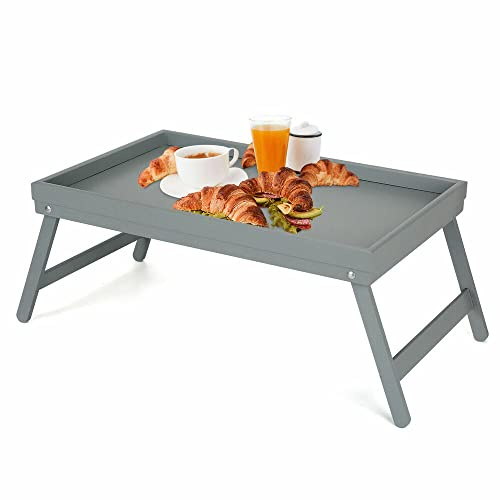 WHITE GREY BAMBOO WOODEN BREAKFAST SERVING LAP TRAY BED TABLE WITH FOLDING LEGS (Grey)