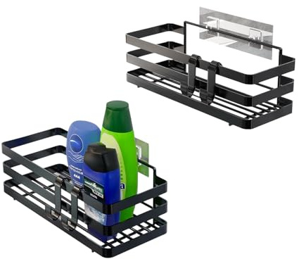 Generico Set da 2 Mensole di Metallo per Cucina e Bagno Organizer, Scaffali Portaspezie da Parete, Dispensa, Adesivo Salvaspazio, Nero