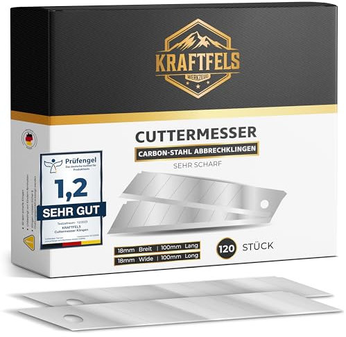 KRAFTFELS 120x Cuttermesser Klingen 18mm SK5 - Teppichmesser Klingen Cuttermesser aus hochwertigem Carbonstahl - Gehärtet & ultra scharf - Abbrechklingen 18mm für Cutter Messer - Ersatzklingen Cutter