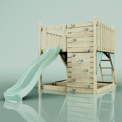 Rebo Spielturm aus Holz mit Kletterwand | Outdoor Klettergerüst mit Plattform, Wellenrutsche und Sandkasten