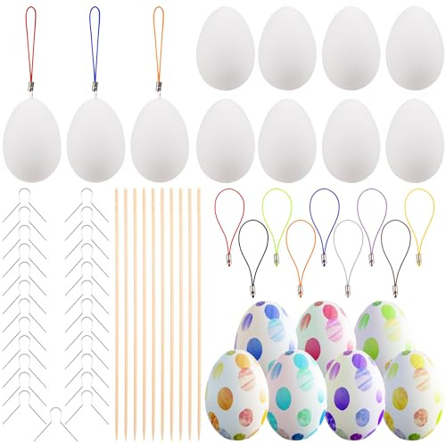 AWCIGG Oeufs de Paques Decoration 25x Œuf de Pâques Blanc a Decorer en Plastique pour Peindre de Bricolage Oeufs en Polystyrène avec Une Corde Cintre des Bâtons de Bois