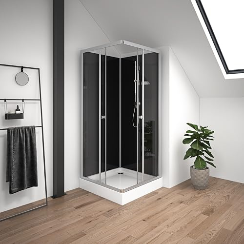MARWELL Ducha completa Black Reef – Cabina de ducha 80 x 80 x 195 cm – con elegante entrada en esquina y cómoda altura de entrada de 15 cm – elegante juego completo