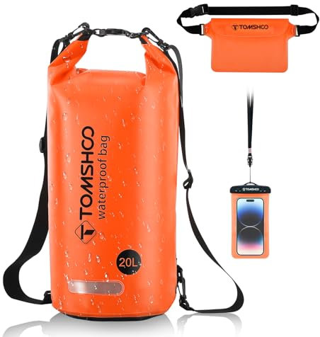 TOMSHOO Dry Bag Set, 10L/20L Wasserdicht Rucksack mit Wasserfester Handytasche & Tasche, Verstellbarer Schultergurt, Waterproof Backpack für Kajak Fahren, Wandern, Camping, mehr, 20L, Orange