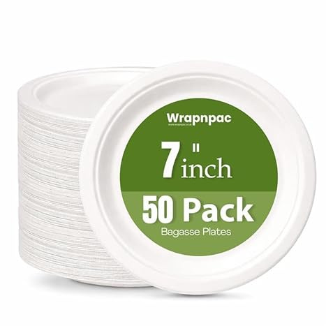 Wrap n Pac 7 inch Round Disposable Biodegradable Bagasse Sugarcane Wedding Party Plates Eco Friendly Tableware Plates (7 Inch - Pack of 50)