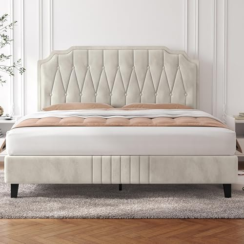 Yaheetech 5ft King Bed Frame Upholstered Platform Bed with Adjustable Button Tufted Headboard/Velvet Fabric/Sturdy Wooden Slat Support/No Box Spring Needed, Beige King Bed