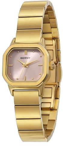 BERNY Dam Guldklocka Fyrkantiga Klockor för Dam 3ATM Vattentät Analog Quartz Klocka Rostfritt Stål Klocka Band Elegant Liten Armbandsur