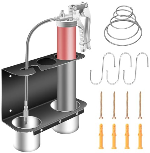 Huthbrother Grease Gun Holder, Wall Mount Grease Gun Storage Rack/Organizer, Hand Grease Gun Holder Rack for Workshop, Shop, Garage, W/Removable Drip Cups, Spare Cartridge Holder and Separate Spring