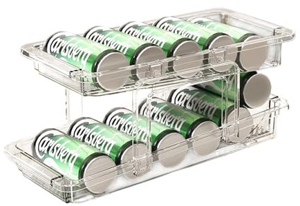 xocome Organizador plegable de doble capa para nevera, dispensador de latas rodantes, latas de cerveza de 330 ml, latas de cerveza, refrescos, almacenamiento de despensa