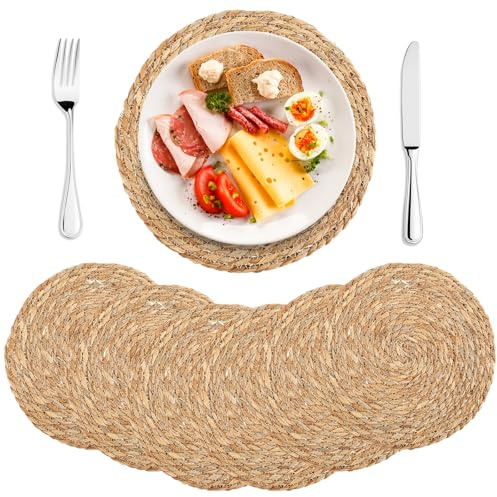 KTCINA Lot de 12 sets de table ronds tressés - 35 cm - Sets de table en jonc de mer (jacinthe d’eau) - Platzsets tissés - Sous-verre isolant pour l’intérieur et l’extérieur (12Pcs30)