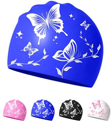 Gorro Natación Mujer, Silicona Antideslizante para Piscina – Estilo Moderno y Resistente al Agua (Mariposa Azul)