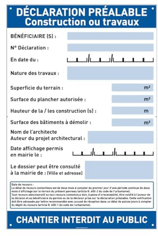 AUA SIGNALETIQUE - Panneau Déclaration Travaux Chantier– Akilux 5 mm – 80 x 120 cm – Avec Marqueur + Panneau “Chantier interdit au public” (Déclaration Préalable Travaux)