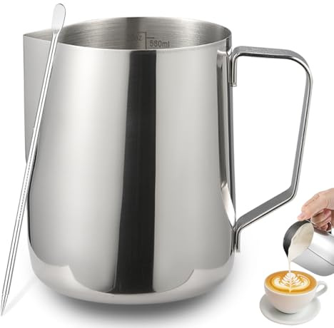 ISHEWUDU - Jarra espumadora de leche de café de 600 ml y juego de bolígrafos de arte con leche, jarra de leche para máquina de café, herramientas de barista, jarra de espuma de leche de metal de