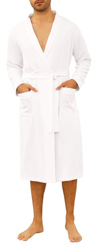 Vlazom Peignoir Homme en Coton Waffle à Col Revers Robe de Chambre avec Poches, Ceinture et Finitions Contrastées
