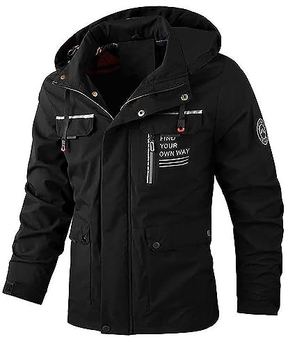 Generisch Chaqueta softshell para hombre – Chaqueta táctica de camuflaje con capucha, chaqueta transpirable para exteriores para pesca, práctica chaqueta de entretiempo para caza y trekking., O negro