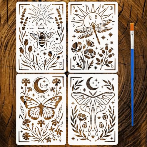 FINGERINSPIRE 4PCS Dreamy Animals Painting Stencils with Paint Brush 21x29.7cm Reusable Butterfly Bee Template Plastic Dragonfly Plant Stencil Animal Theme Template for Painting on Furniture