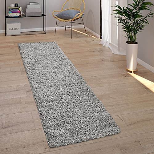 Paco Home Teppich Wohnzimmer, Schlafzimmer/Hochflor Shaggy in versch. Designs Farben und Größen, Grösse:70x250 cm, Farbe:Grau 16