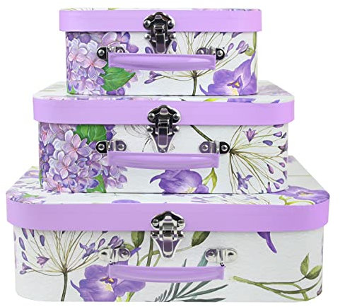 Emartbuy Lilac Floral Print Suitcase Gift Boxes Set of 3 – Prebuilt Decorative Cardboard with Metal Handle & Clasp – Nesting Storage for Gifts & Keepsakes – 28×20×9.5/25.5×17.5×8.5/23×15×7.2 cm